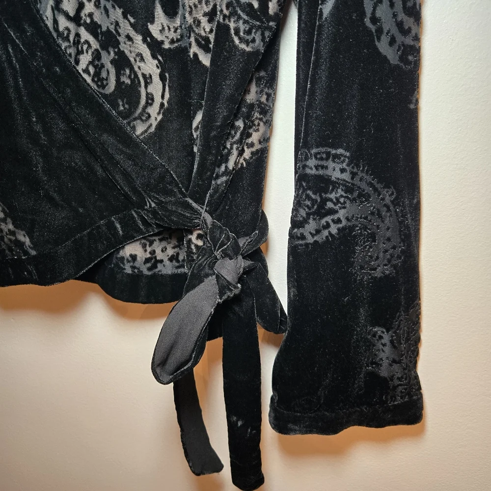 Ice Vintage Womens Black Burnout Velvet Paisley Wrap Around Top Sz L Whimsigoth